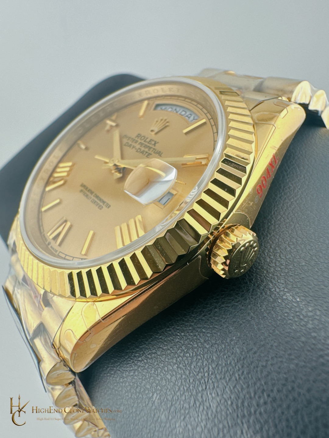 Rolex Day-Date M228238-0006 crown and case detail super clone watch