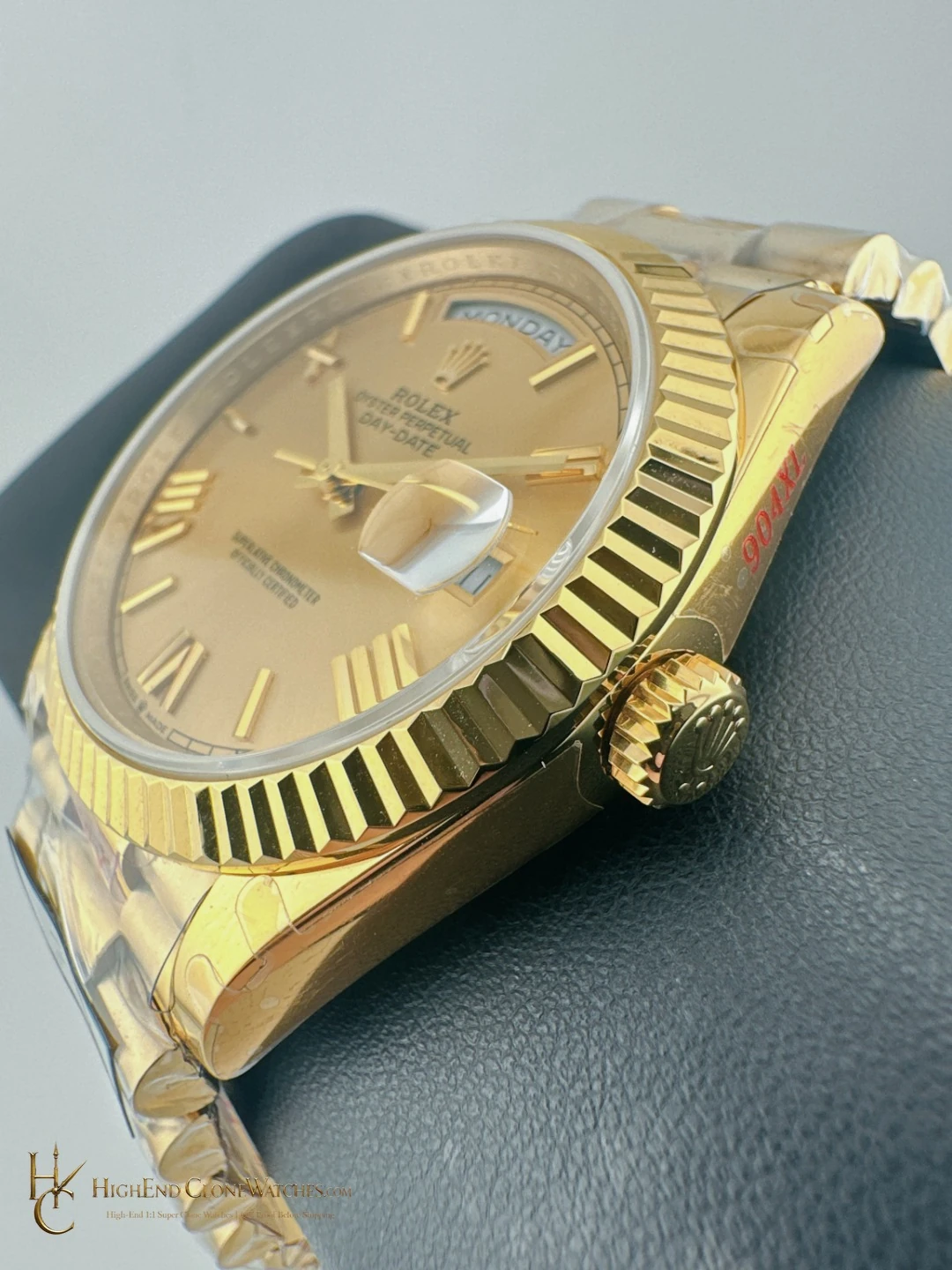 Rolex Day-Date M228238-0006 crown and case detail super clone watch