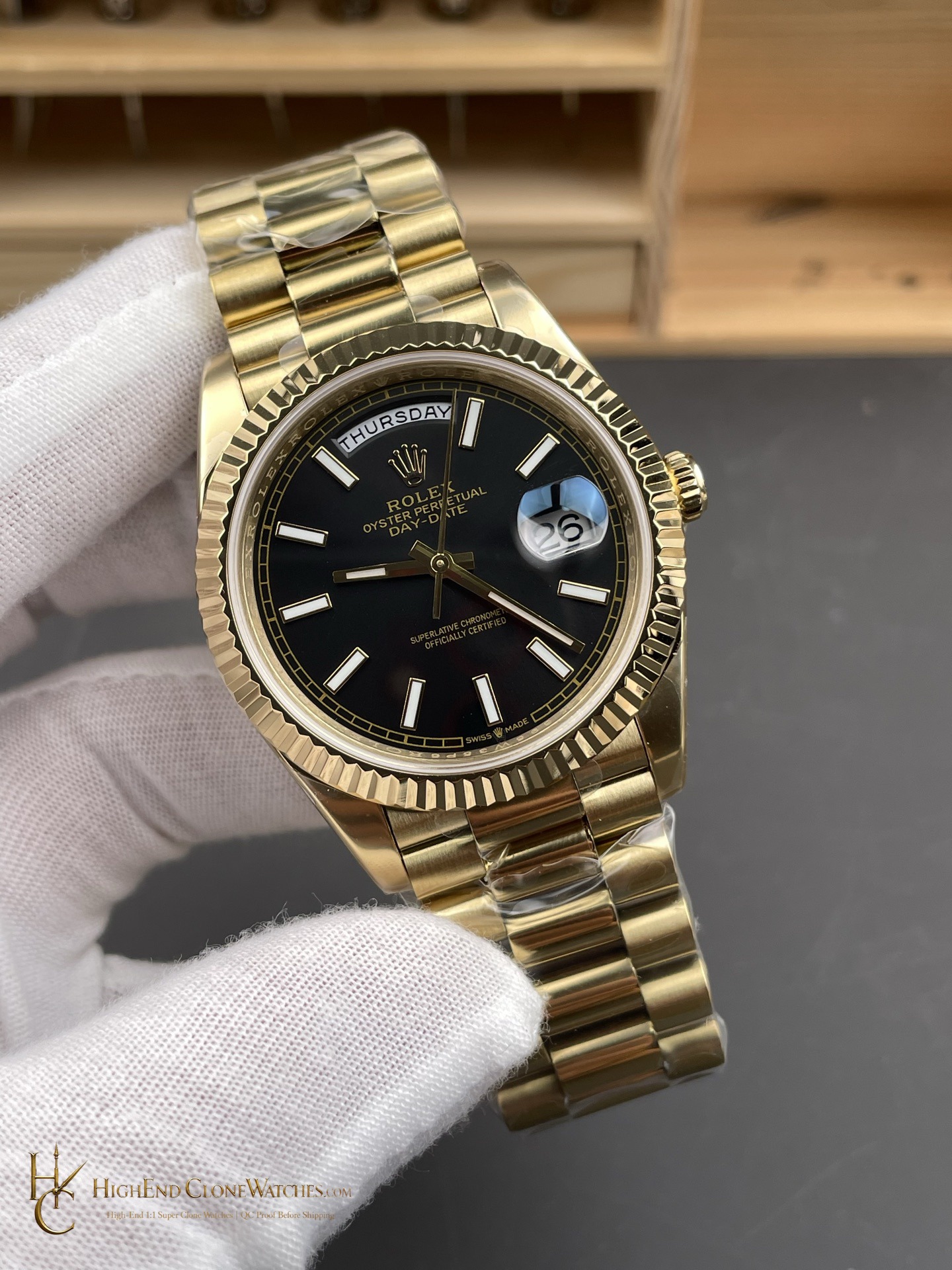 Rolex Day-Date m228238-0067 angled dial view super clone watch