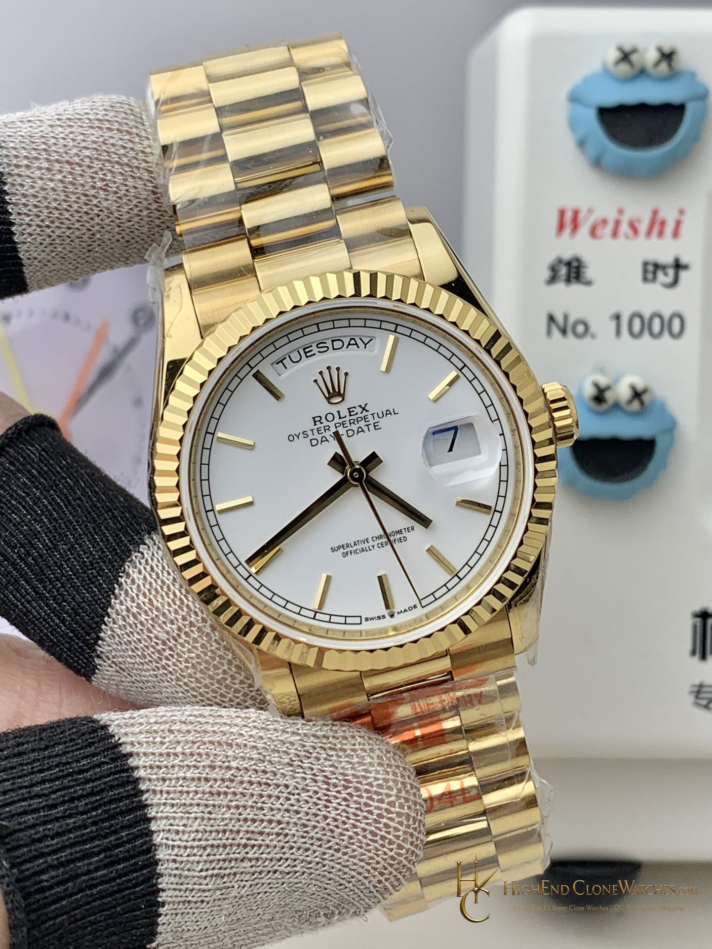 Rolex Day-Date 36 m128238-0081 angled dial view super clone watch