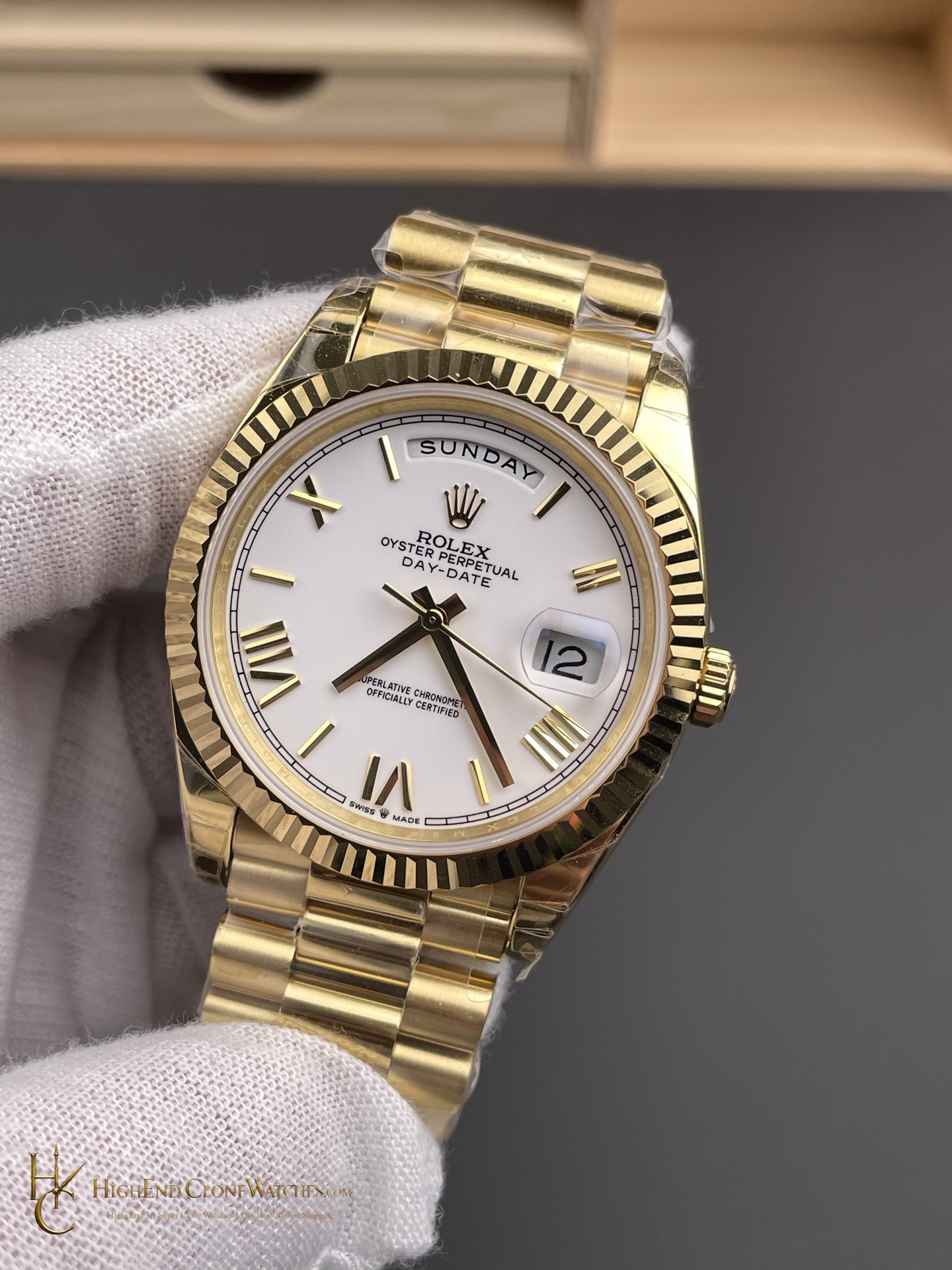 Rolex Day-Date m228238-0042 angled dial view super clone watch