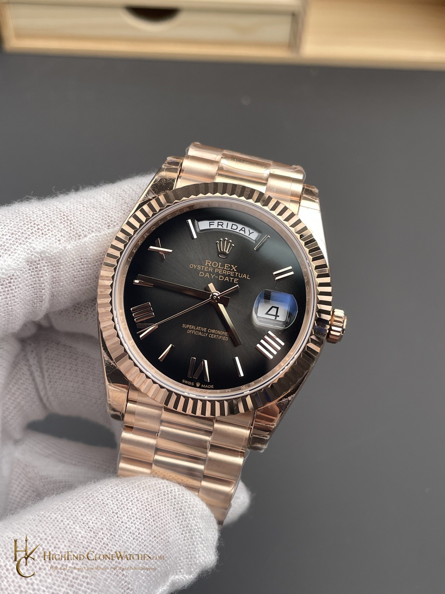 Rolex Day-Date 228235-0055 angled dial view super clone watch