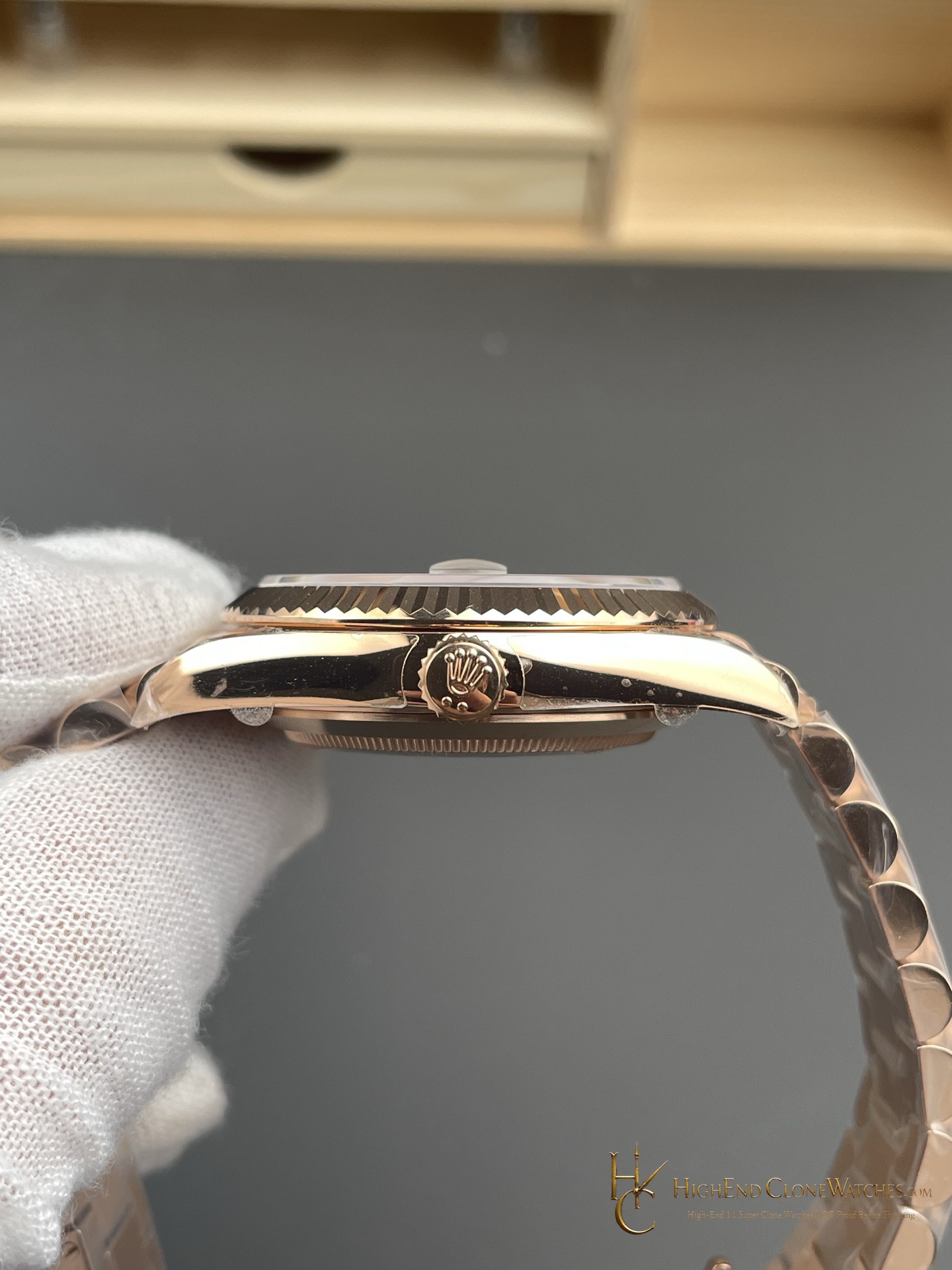 Rolex Day-Date 228235-0055 crown and case detail super clone watch