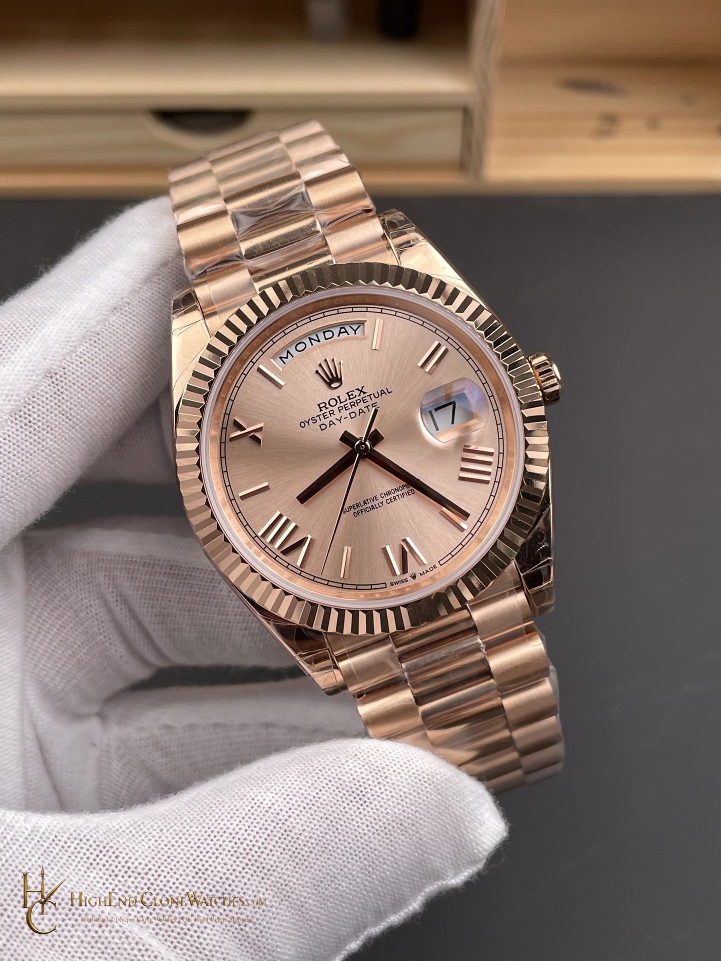 Rolex Day-Date m228235 angled dial view super clone watch