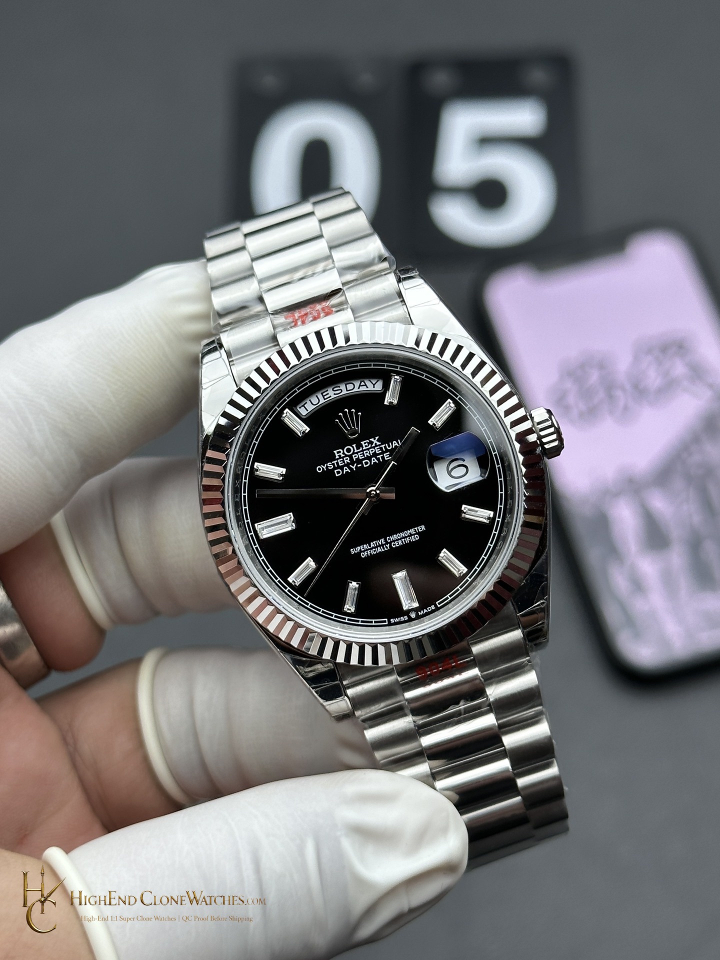 Rolex Day-Date m228236-0005 angled dial view super clone watch
