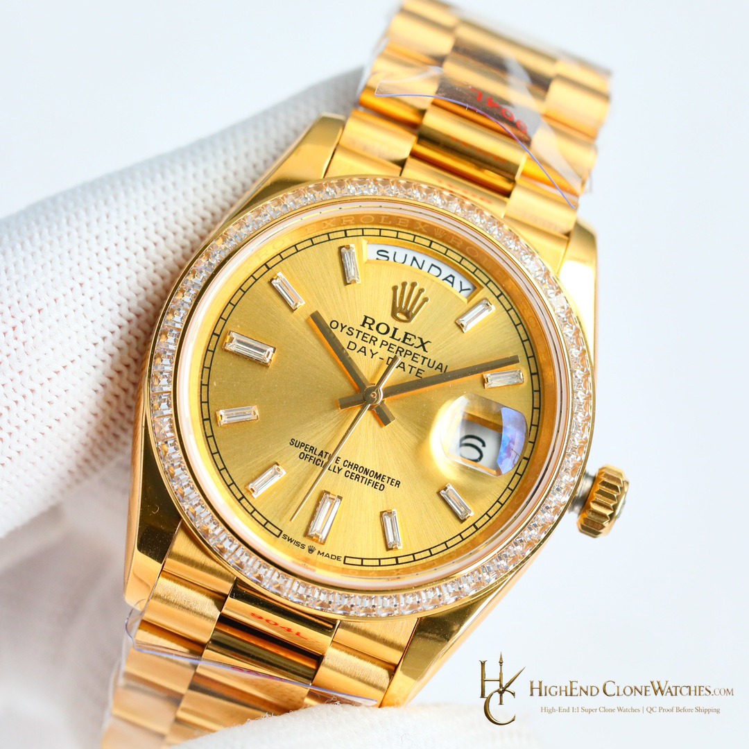 Rolex Day-Date 128398TBR-0037 crown and case detail super clone watch