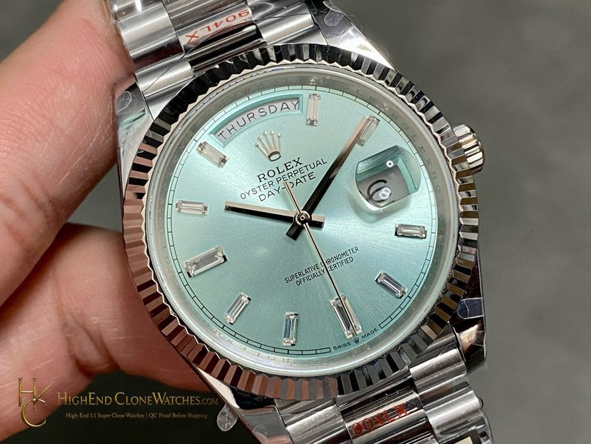 Rolex Day-Date 228236 angled dial view super clone watch
