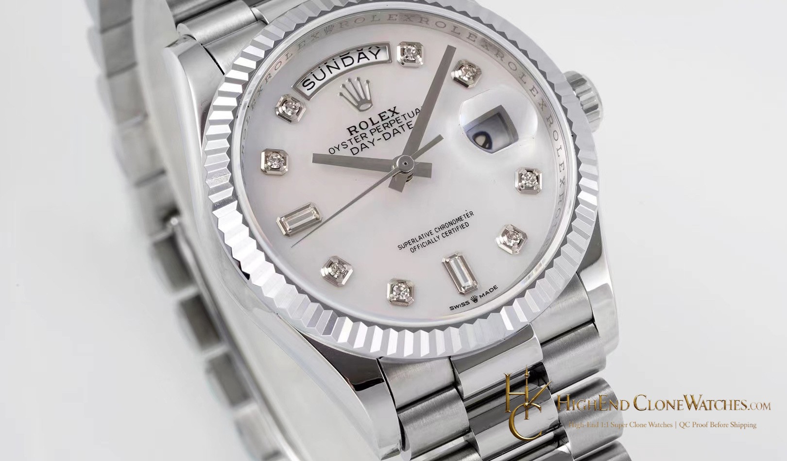 Rolex Day-Date m128239-0007 angled dial view super clone watch