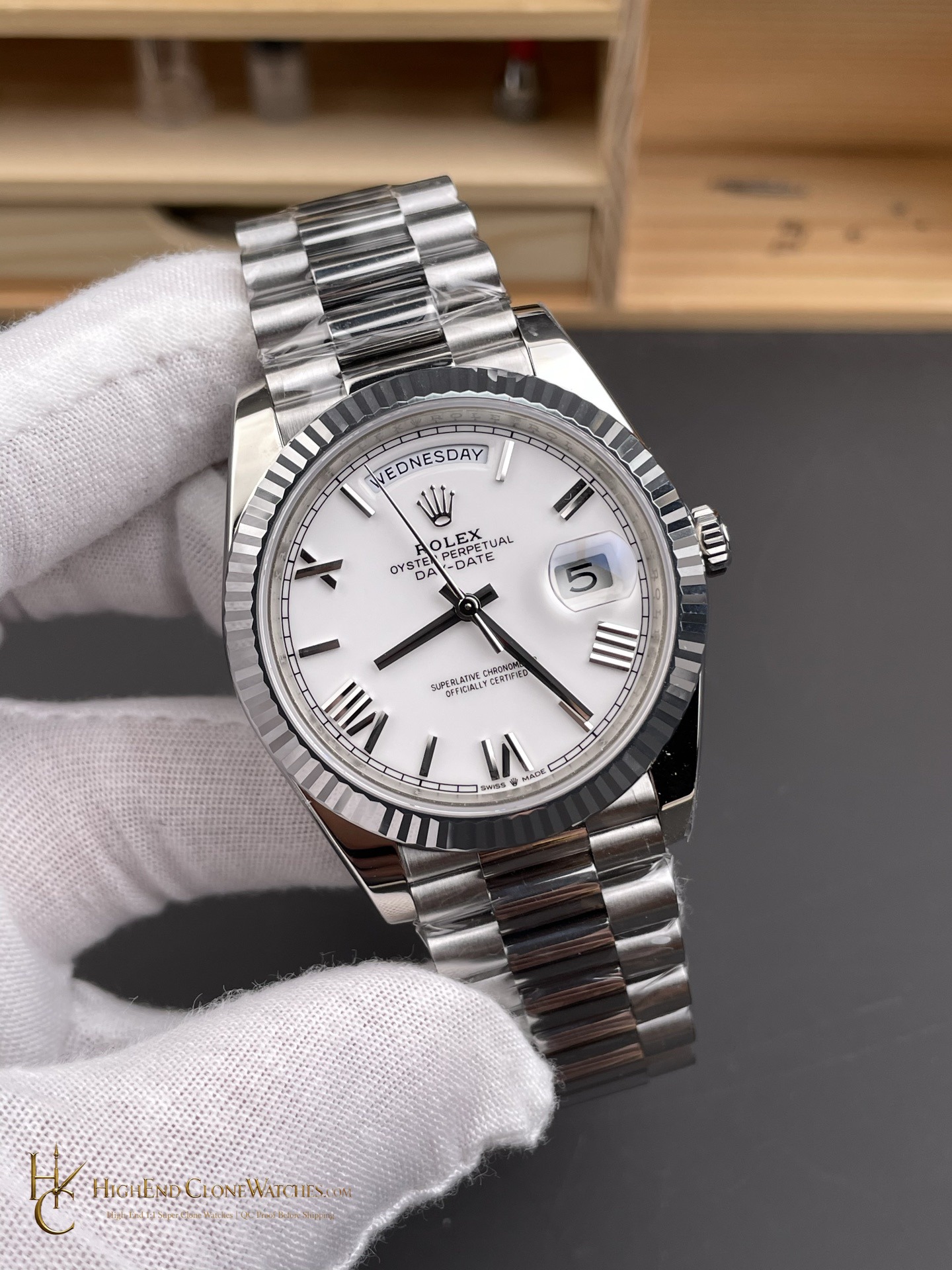 Rolex Day-Date m228239-0046 angled dial view super clone watch