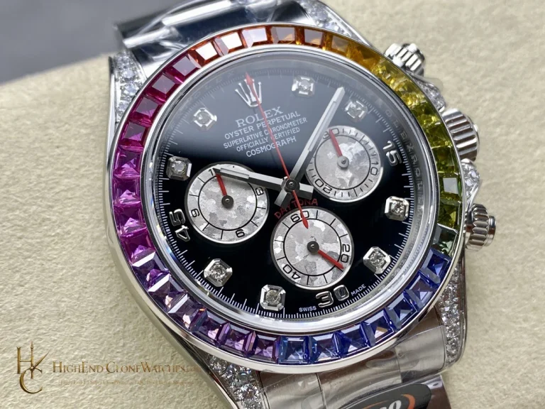 Rolex Daytona 116599RBOW angled dial view super clone watch
