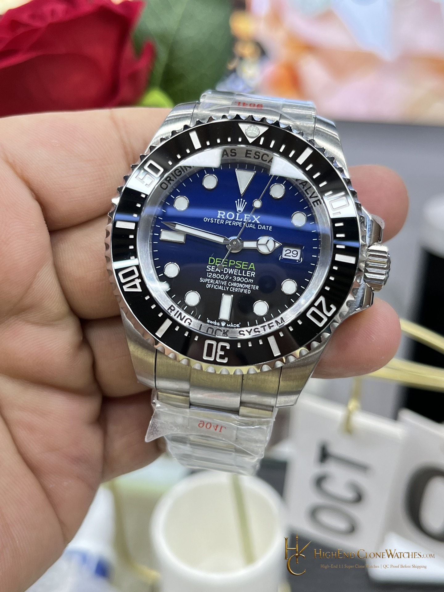 Rolex Deepsea Sea-Dweller 126660 D-Blue angled dial view super clone watch