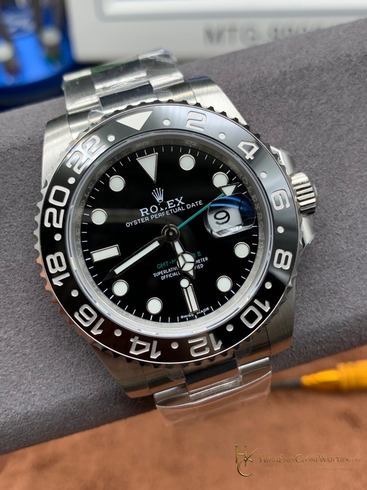 Rolex GMT-Master II 116710LN-0001 angled dial view super clone watch