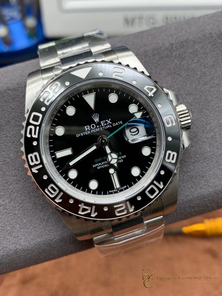 Rolex GMT-Master II 116710LN-0001 angled dial view super clone watch