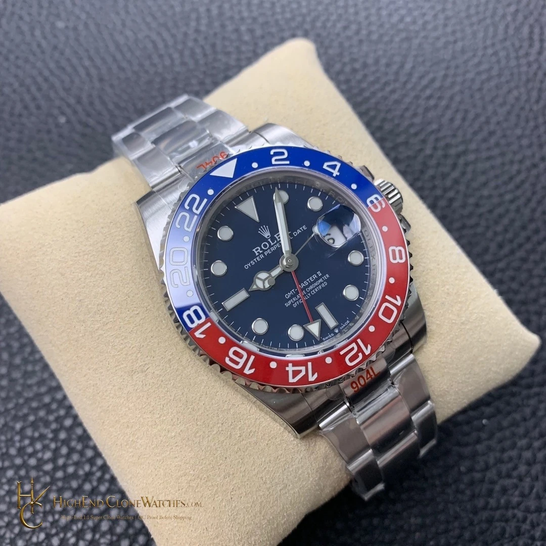 Rolex GMT-Master II 126719BLRO angled dial view super clone watch
