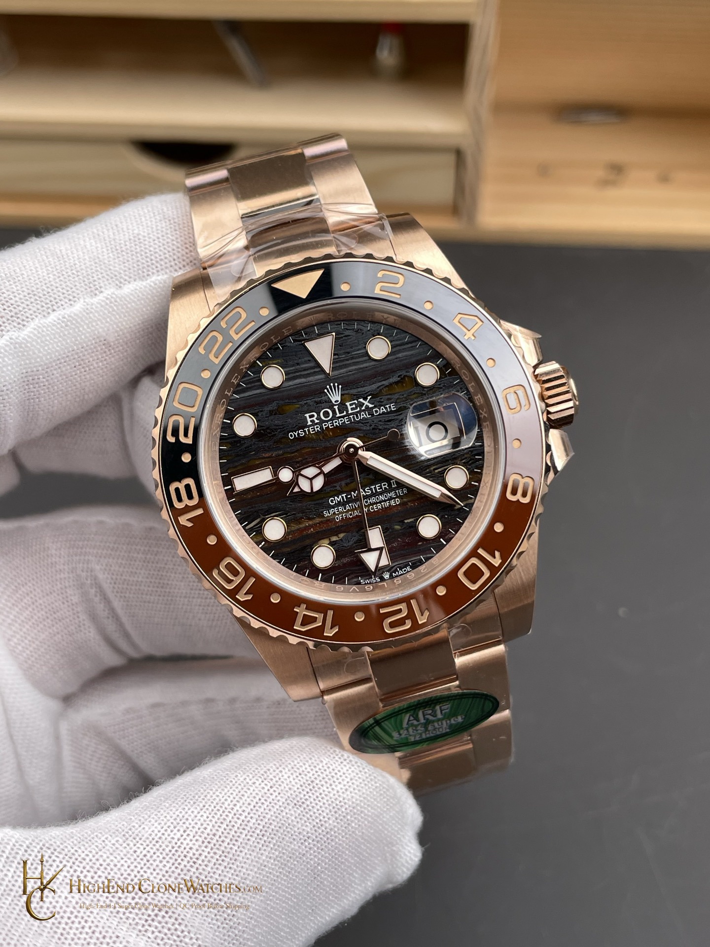 Rolex GMT-Master II 126715CHNR-0002 angled dial view super clone watch