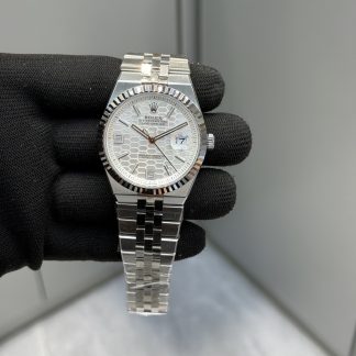Rolex Land-Dweller 127334 white honeycomb dial angled view super clone watch