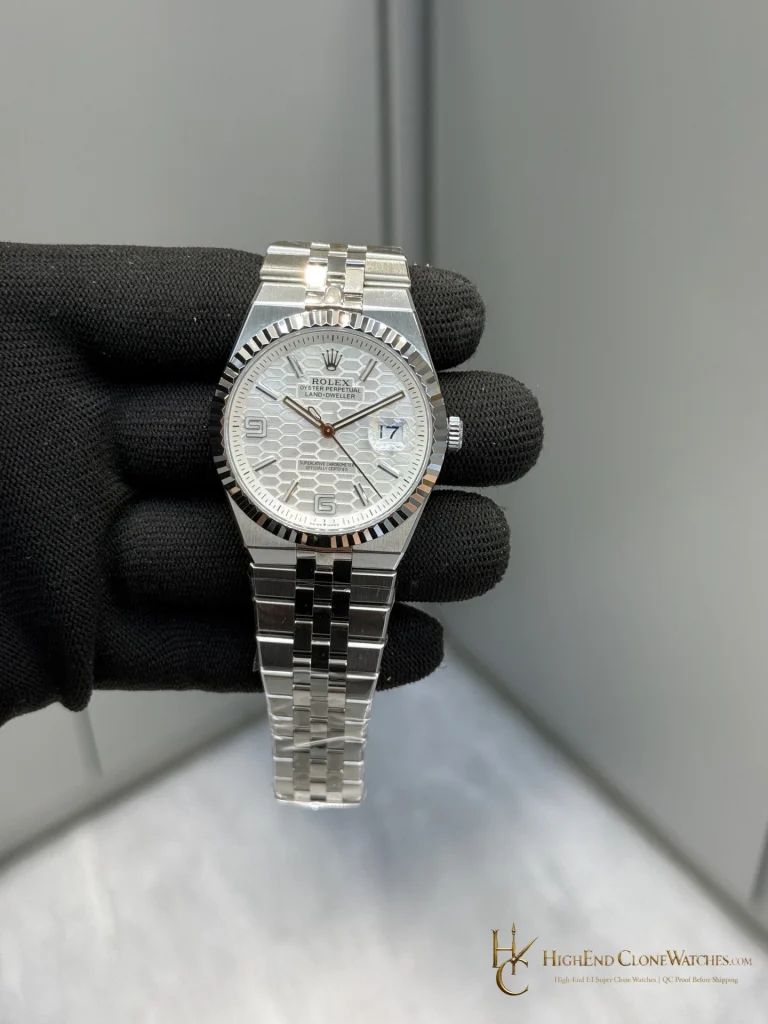 Rolex Land-Dweller 127334 white honeycomb dial angled view super clone watch