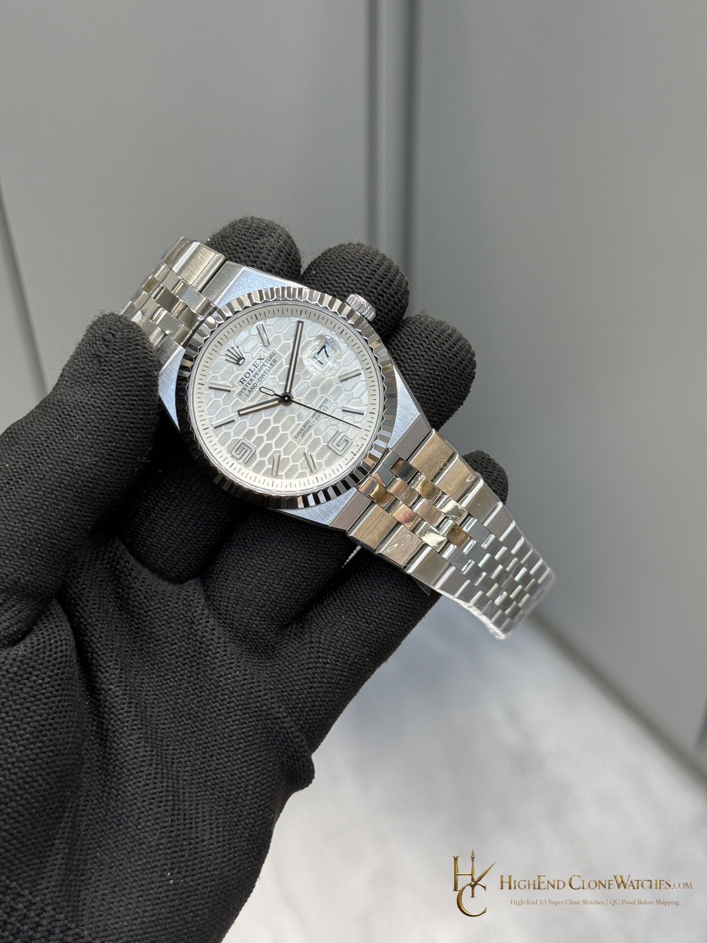 Rolex Land-Dweller 127334 honeycomb dial detail super clone watch
