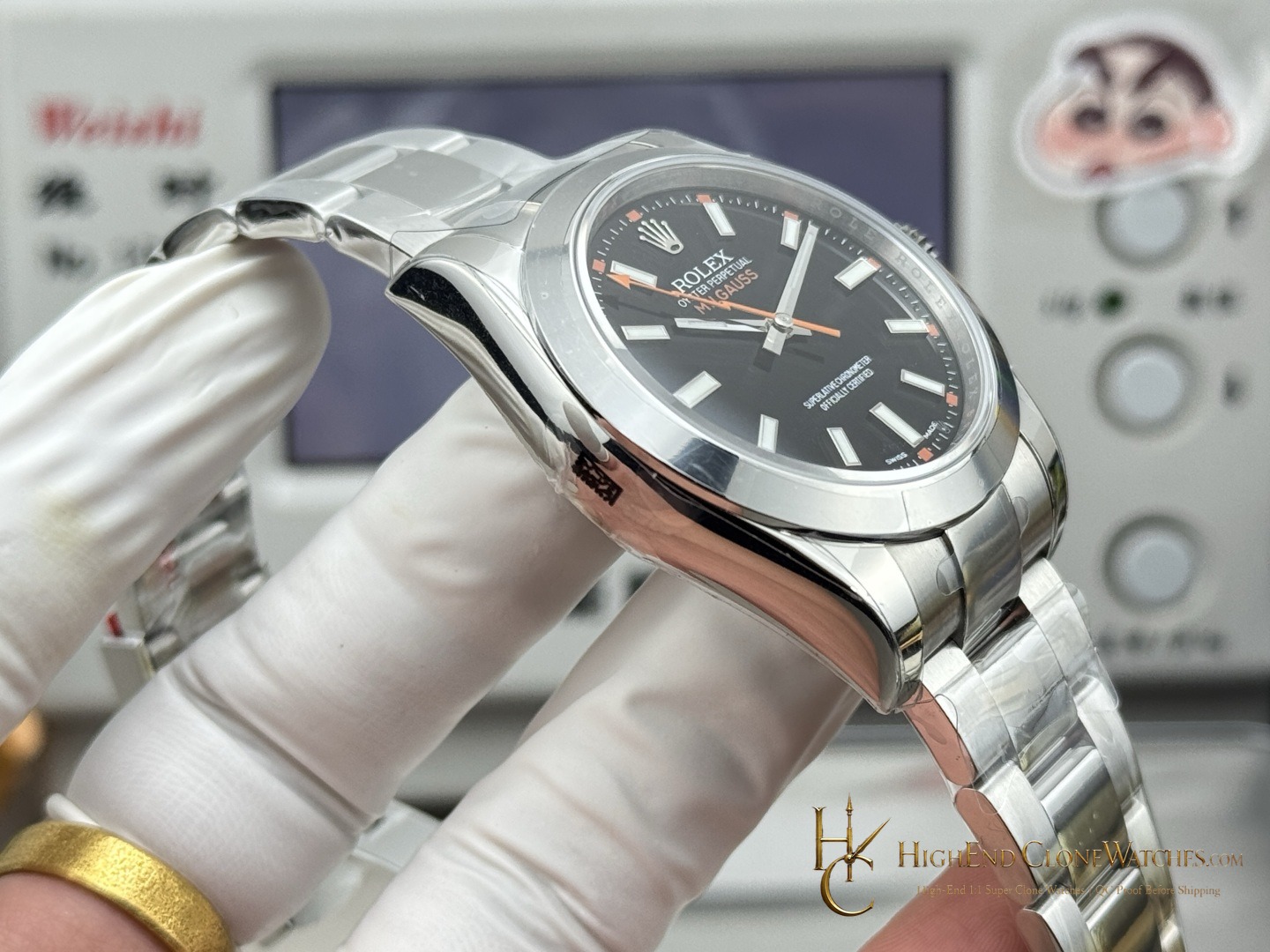 Rolex Milgauss 116400-0001 crown and case detail super clone watch