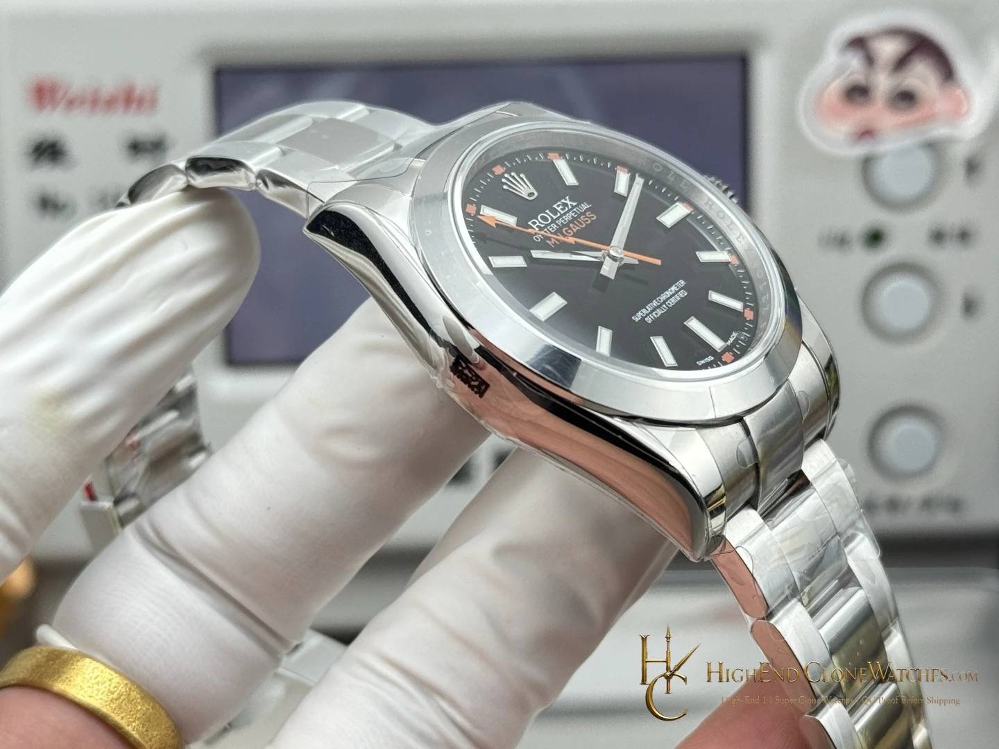 Rolex Milgauss 116400-0001 crown and case detail super clone watch