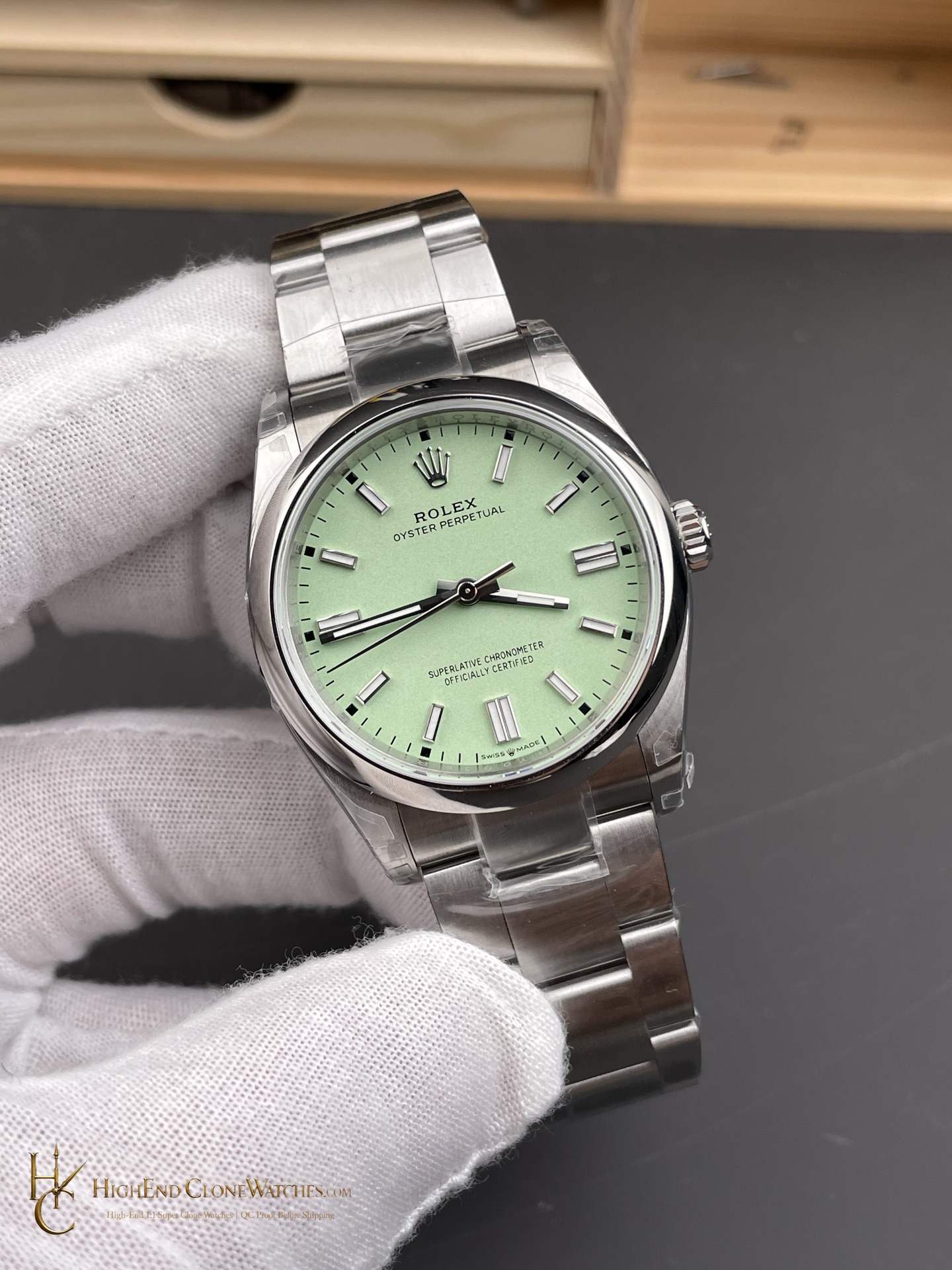 Rolex Oyster Perpetual m126000-0011 angled dial view super clone watch