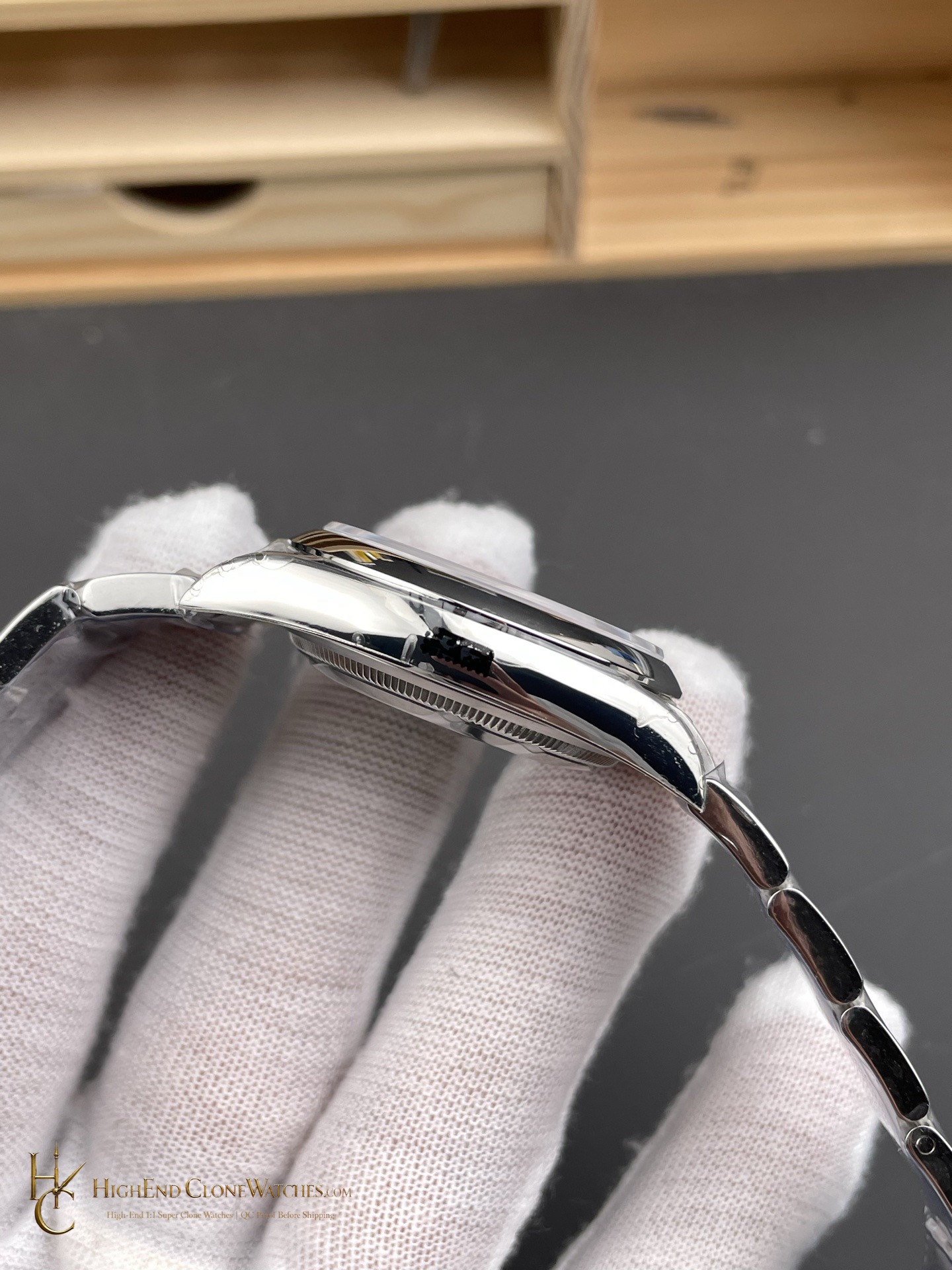 Rolex Oyster Perpetual 126000-0008 crown and case detail super clone watch