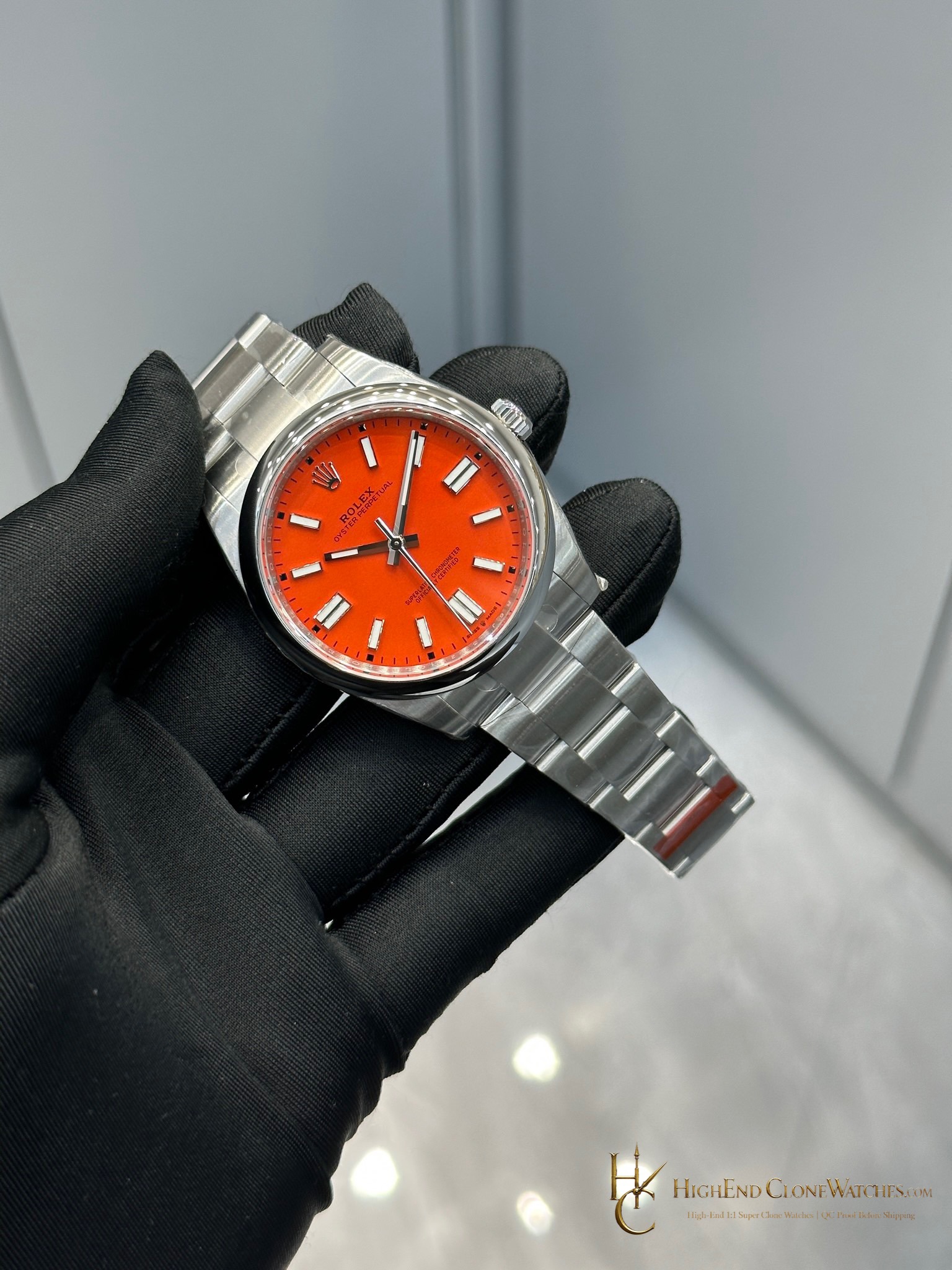 Rolex Oyster Perpetual 124300 angled dial view super clone watch