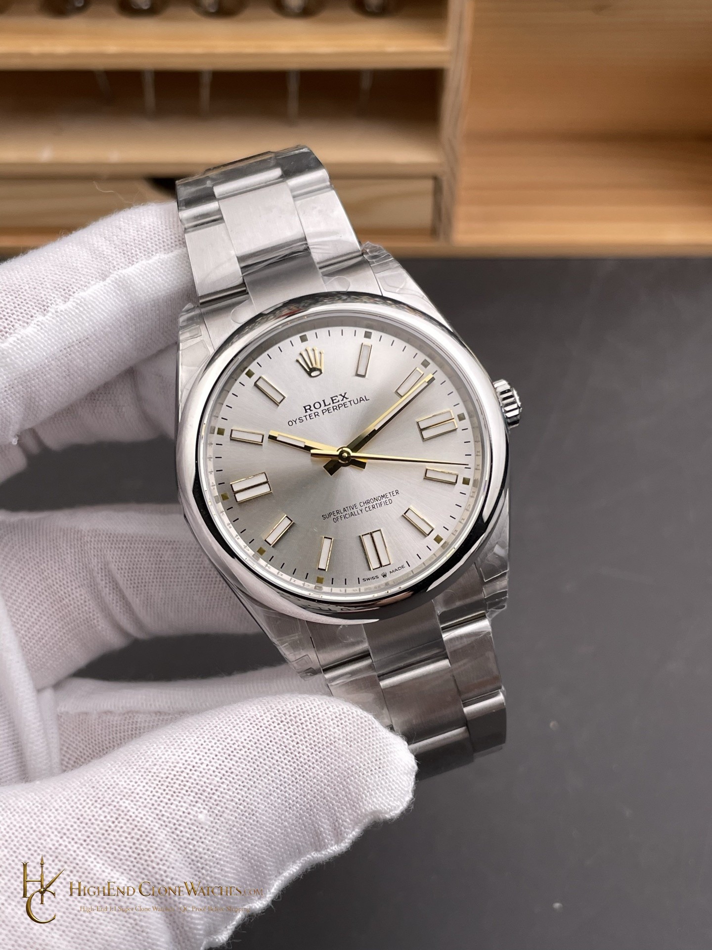 Rolex Oyster Perpetual 126000-0001 angled dial view super clone watch