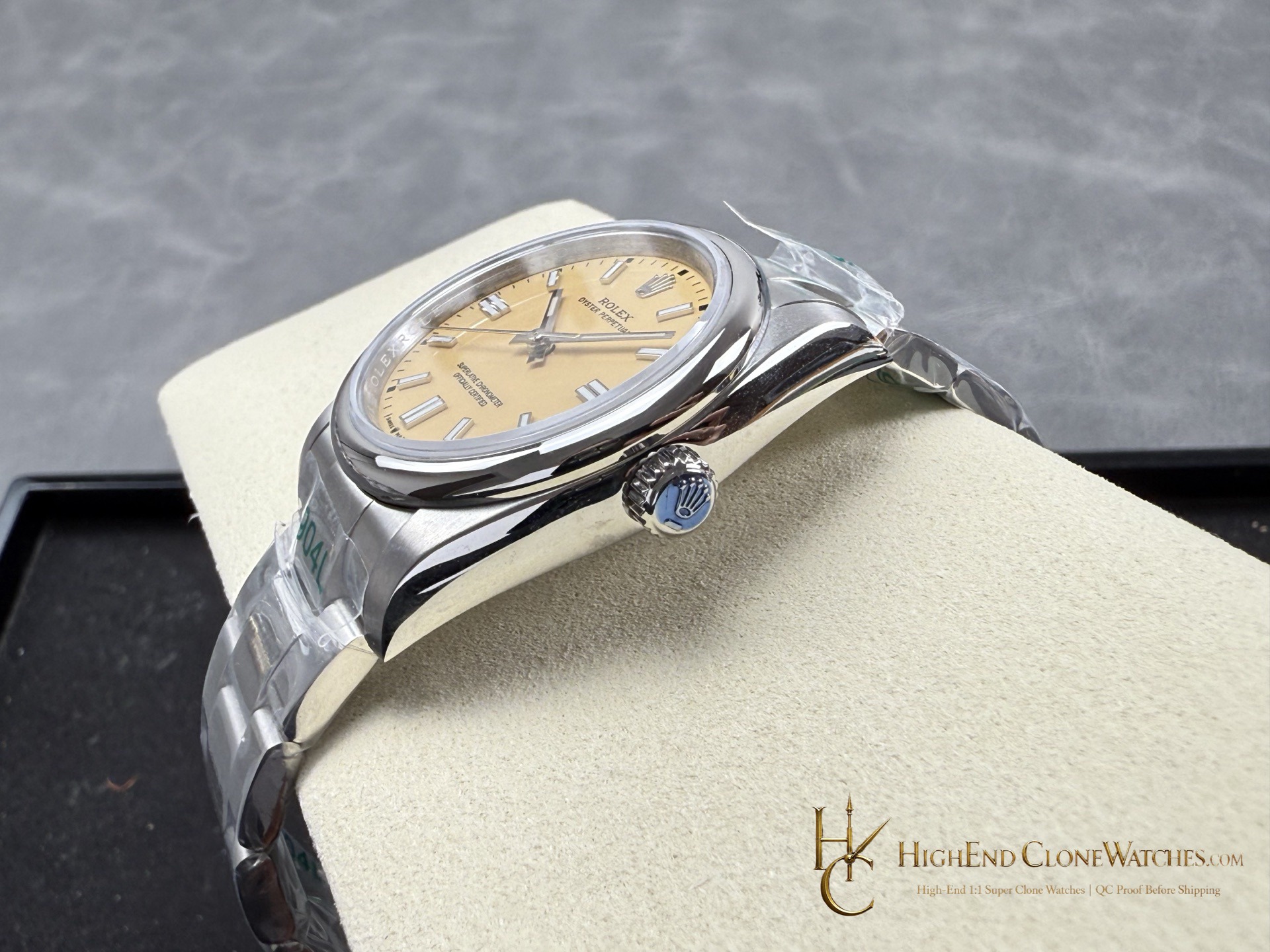 Rolex Oyster Perpetual M126000-0012 crown and case detail super clone watch