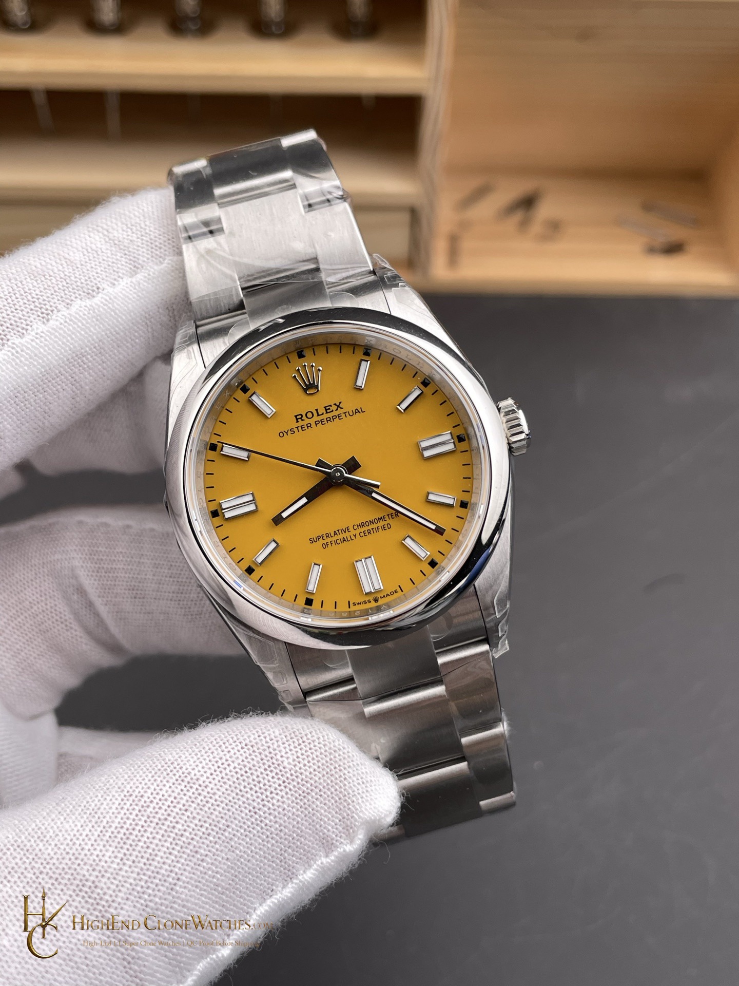 Rolex Oyster Perpetual 124300 angled dial view super clone watch