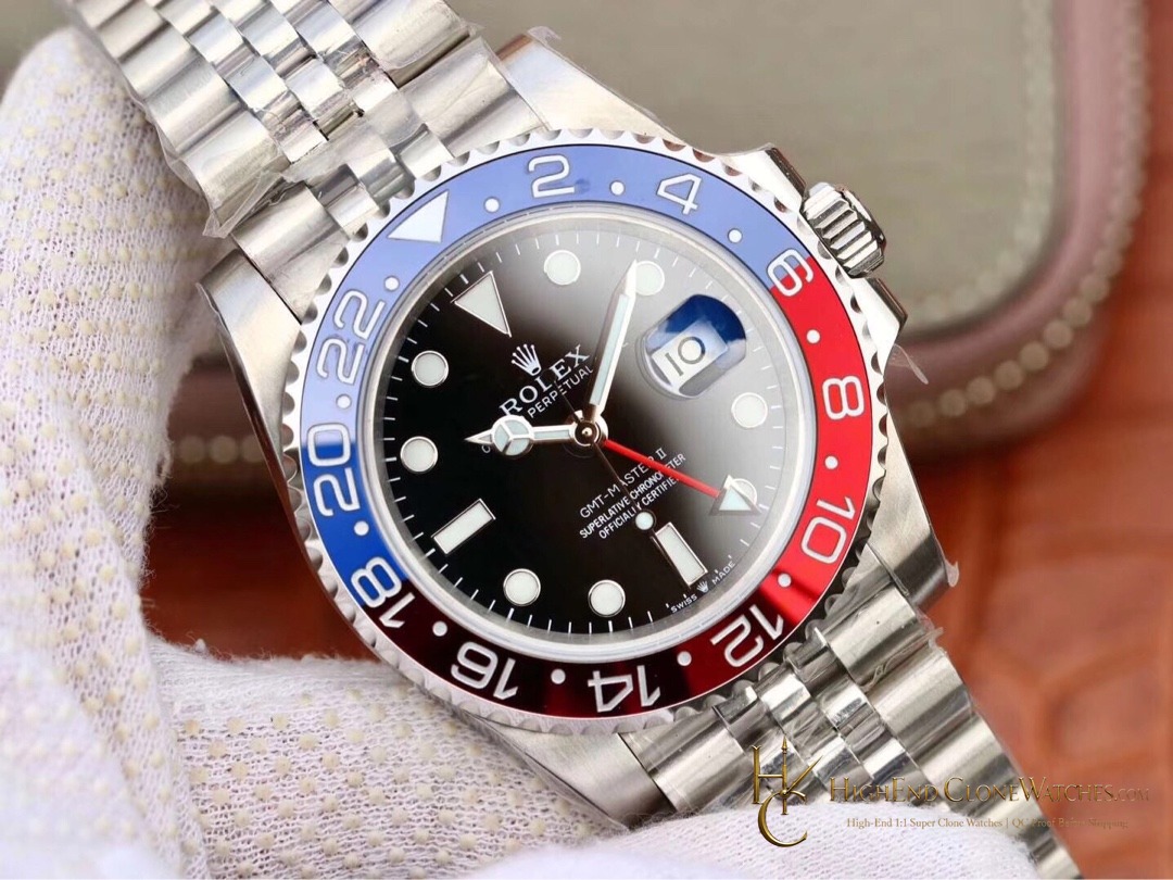 Rolex GMT-Master II 126710BLRO angled dial view super clone watch