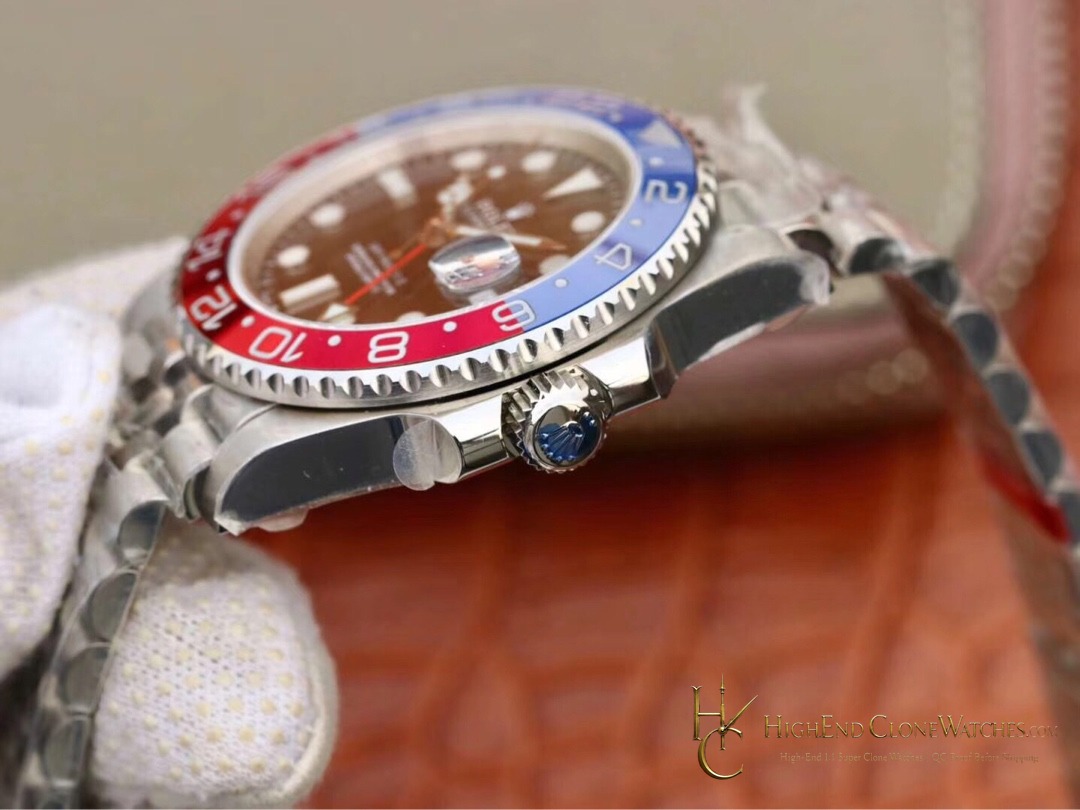 Rolex GMT-Master II 126710BLRO crown and case detail super clone watch