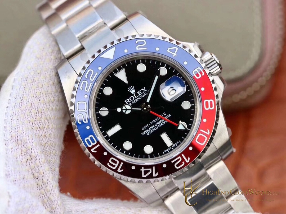 Rolex GMT-Master II 126710BLRO angled dial view super clone watch